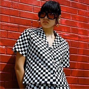 Rare Wray NYC Bowen Black and White Checkered Linen Blend Top Size 3X